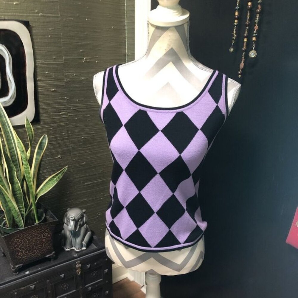 VTG PECK & PECK LAVENDER AND BLACK CHECKERED TOP SLEEVELESS Preowned Size SMALL